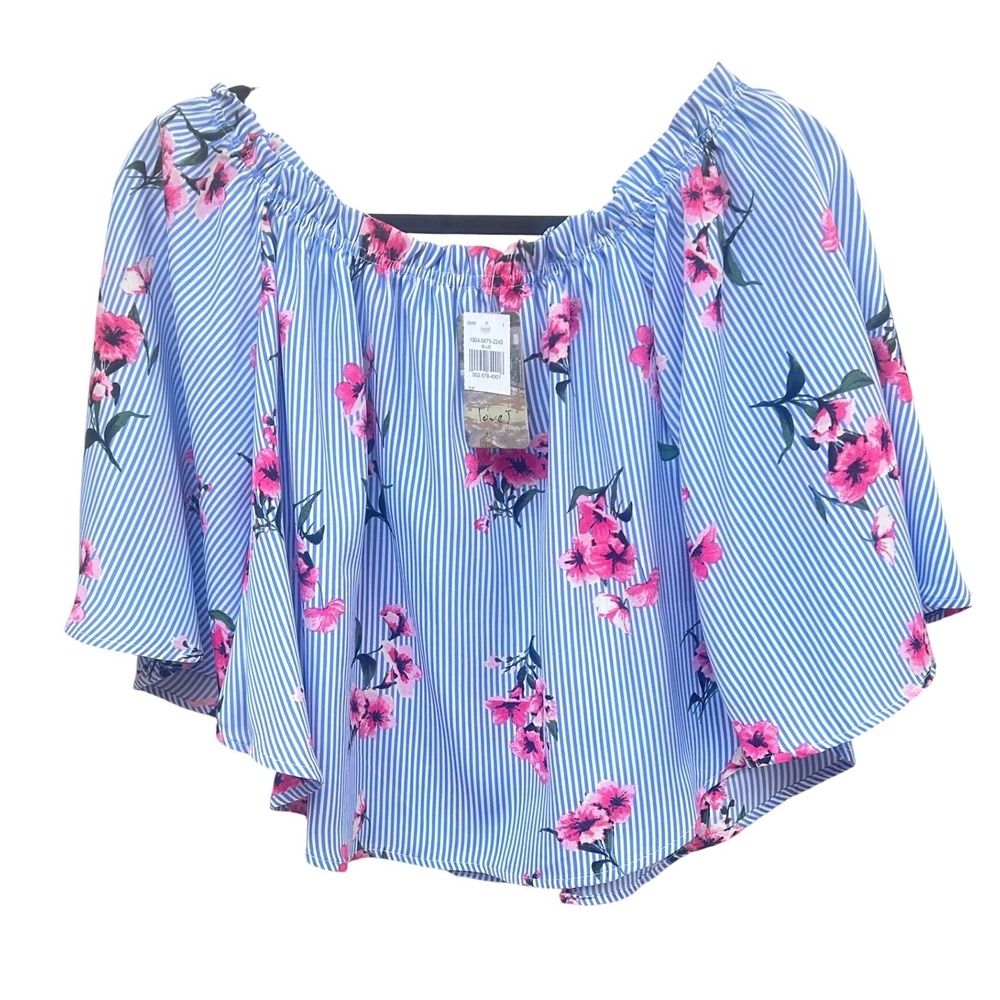 Love J Off The Shoulder Floral Striped Blouse Blue Pink Medium NWT‎
